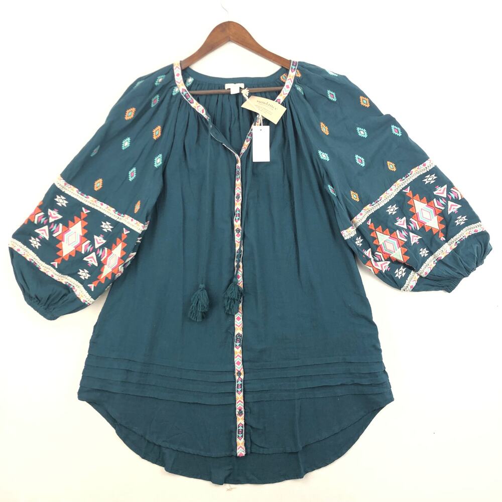 Sundance Sun and Sand Cover-Up Dress Womens S Teal Embroidered Boho Tunic NWT